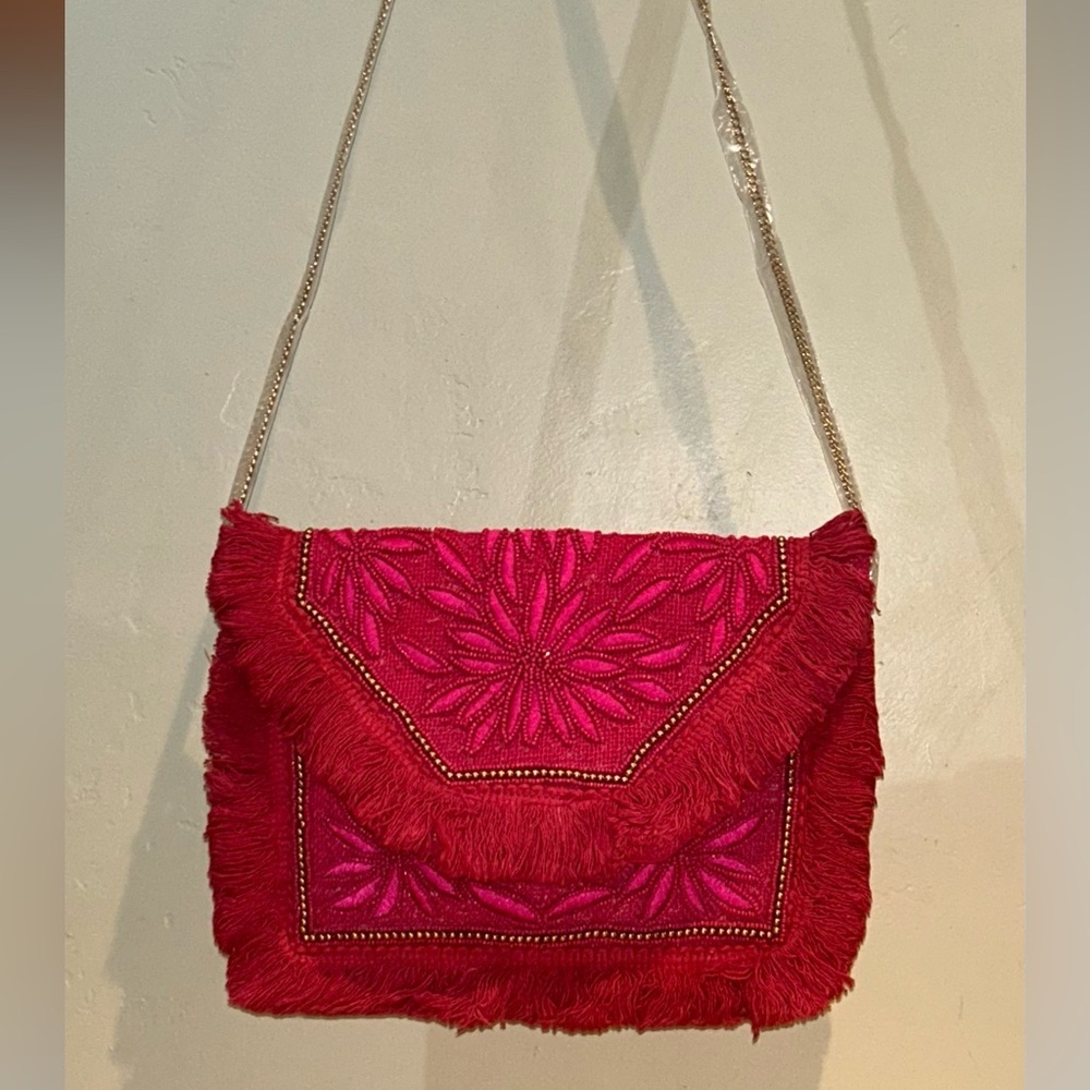 NATASHA Fuscia Embroidered Envelope Shoulder Bag With Floral Beaded Accents - Picture 9 of 10